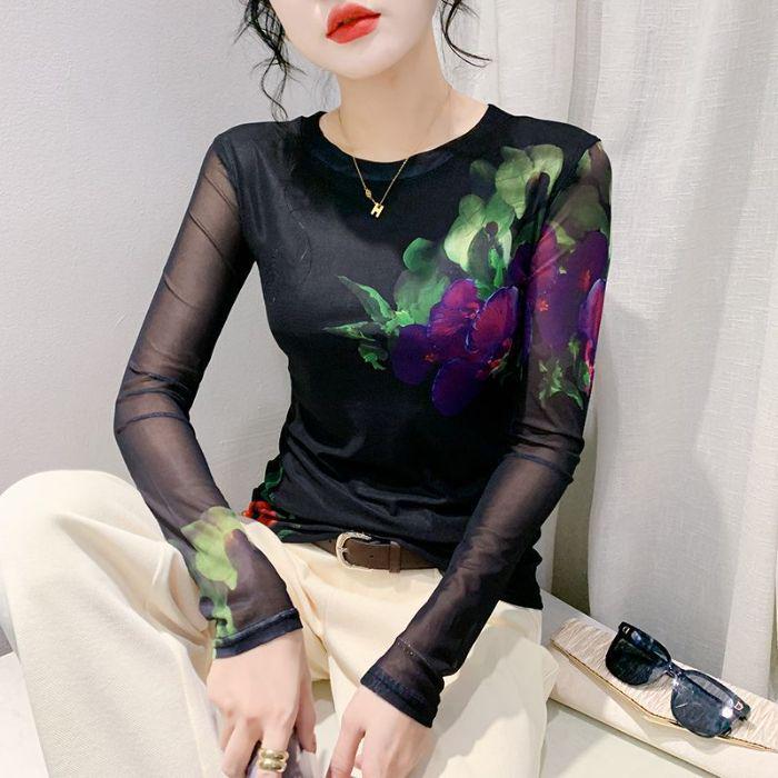 

Женский базовый топ с длинным рукавом и сетчатым принтом на осень/зиму 2024 - Приталенный крой, круглый вырез 4XL (for 140-150 lbs)