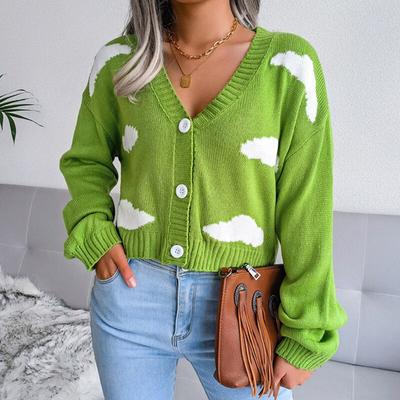 Fashion V-neck Cardigan Knitted Sweater Preppy Cloud Harajuku Short Long Sleeve Crop Top Sweaters Women 18115
