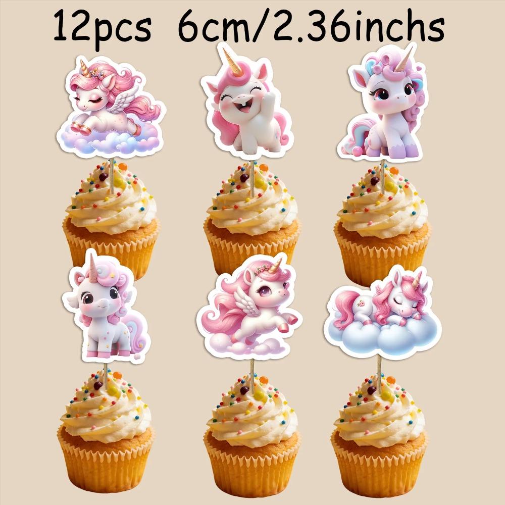 Cute pink unicorn cupcake toppers,cartoon cake picks, perfect for girls' birthday party decorations and kids' dessert decoration