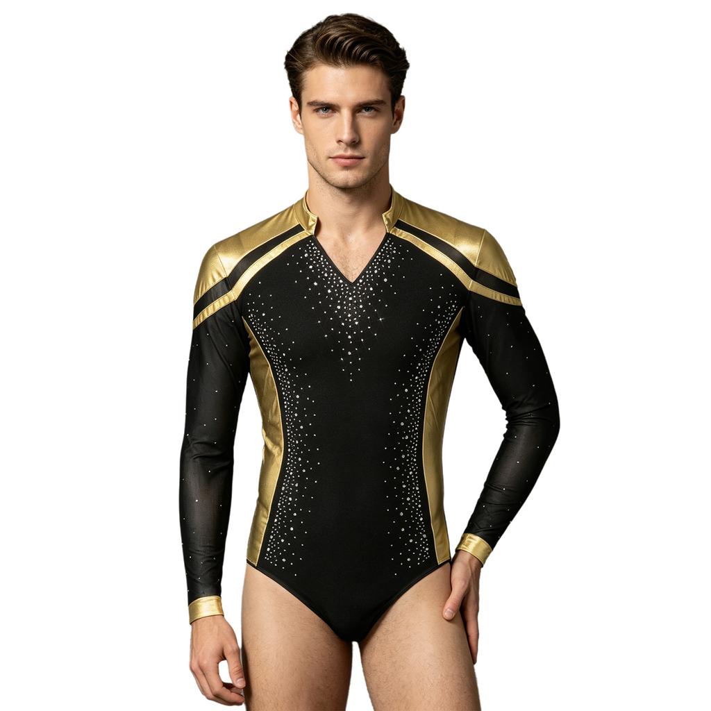 Sparkly Metallic Patchwork V Neck Bodysuit for Men Mesh Long Sleeve Rhinestone Leotard for Latin Ballet Figure Skating Gymnastics Training