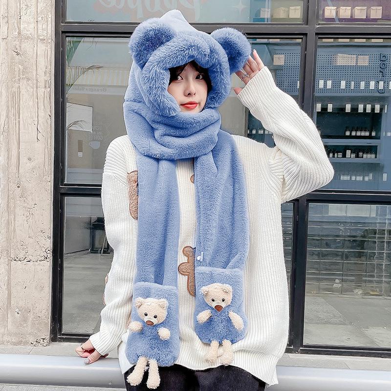 Cute winter bear hat scarf integrated hooded three-piece set women's winter plush gloves ear protection hat