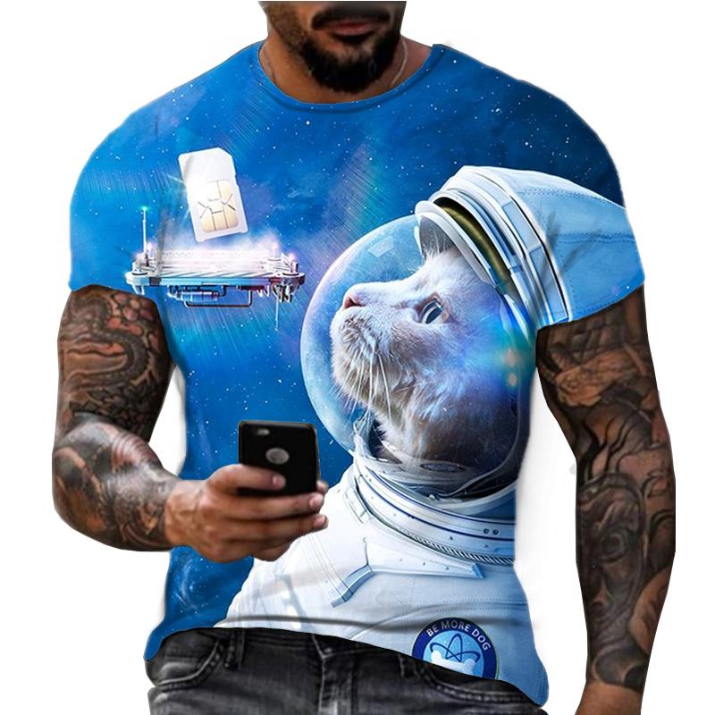 Sommer Rundhals Cooles Astronauten Katze Muster 3D Druck Top Modische Lässige Kurzarm Herren T-Shirts