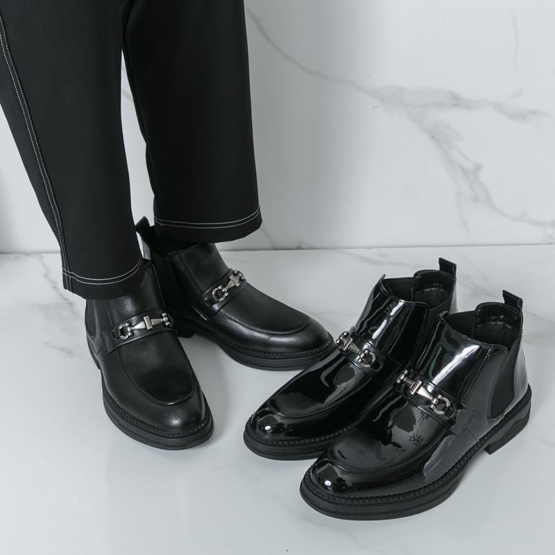 Men patent leather loafer Formal Business Ankle Boots Black Shoes High Boots Large Size