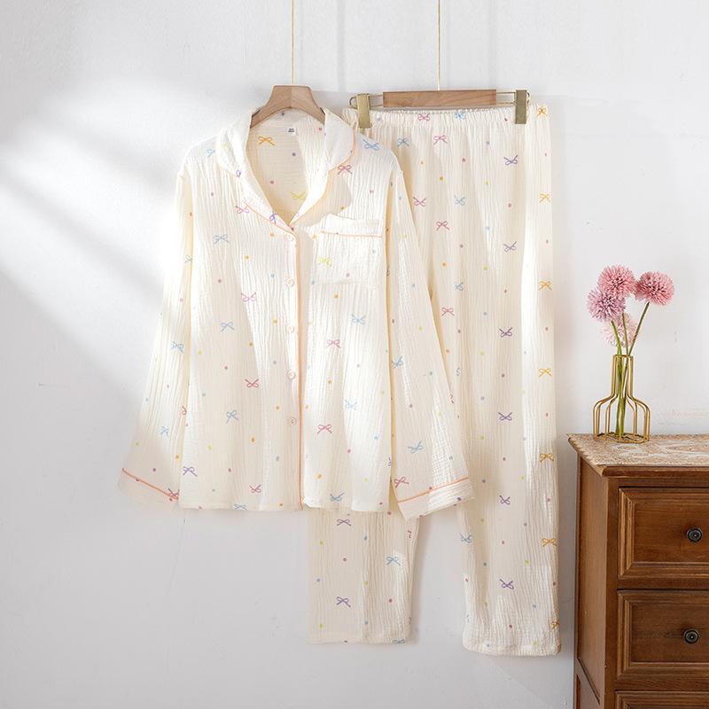 2026 New Spring/Summer Women's Pajama Set 100% Cotton Crepe Loose Cute Girl Long Sleeve Two Piece Home Clothes Sleepwear