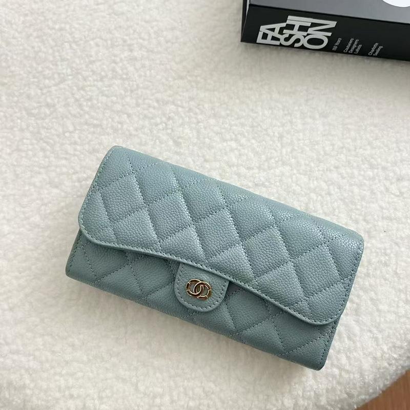 2026 New Caviar Patterned Cowhide Long Three Fold Wallet Hand-held Bag Chain Strap Crossbody Genuine Leather Women's