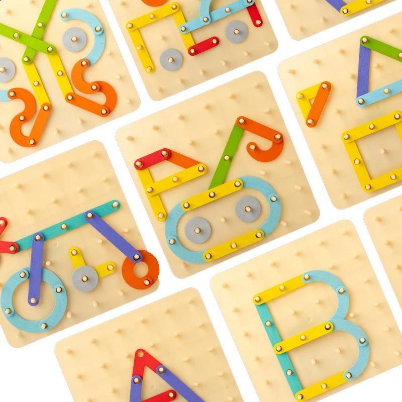 Children Wooden Toys Creative Board Nail Board Geometric Column Set Construction Puzzle Geometric Pegboard Montessori Sensory