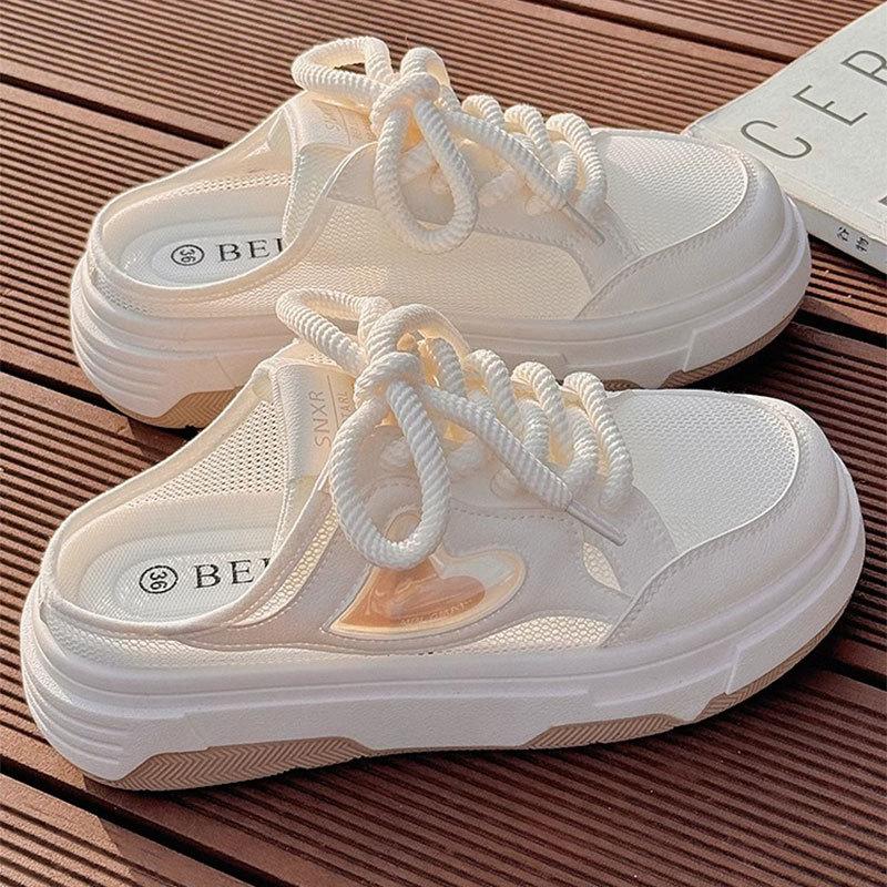 Summer half slippers women's 2025 new breathable thin mesh mesh shoes platform casual one-pedal lazy little white shoes