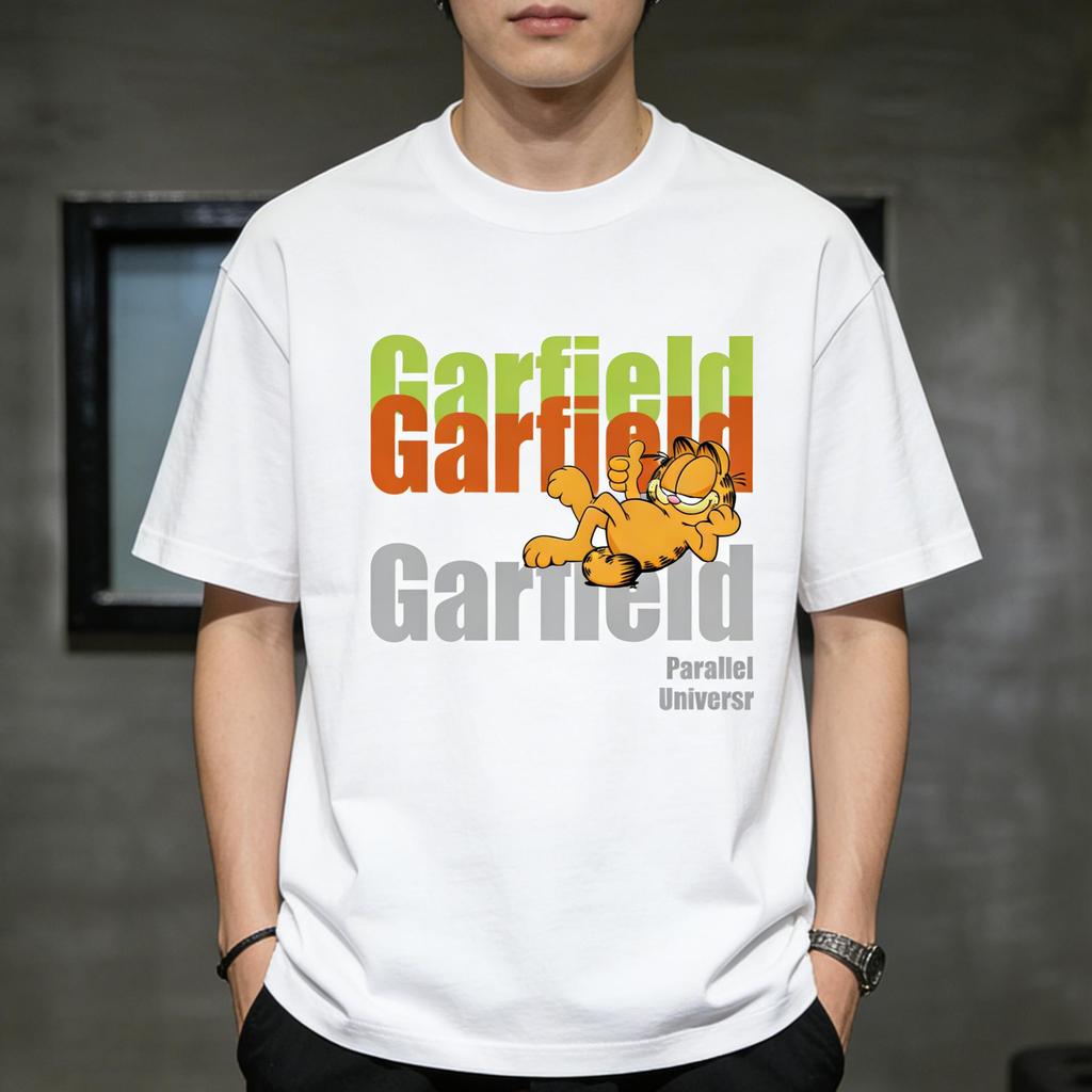 Garfield "Parallel Universe" Layered Color Letter Print Short Sleeve T-Shirt, American Streetwear Heavyweight Cotton Loose Fit Oversized Couple Top
