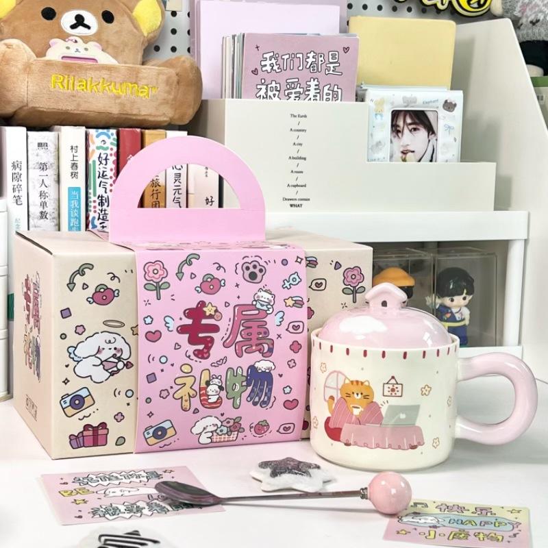 Cupa ceramică pisică drăguță de desene animate cu capac cuplu băiat și fată cană de birou cupă de băut cadou de ziua de naștere