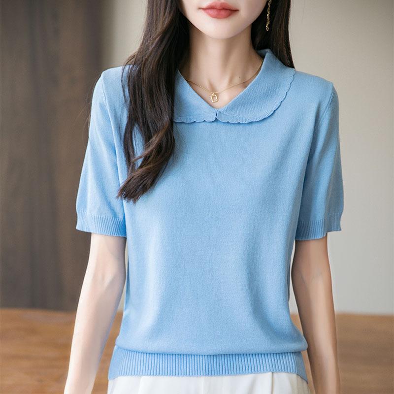 Doll Collar Ice Silk T-shirt Button-down New Summer Sweater Short-sleeved Age-reducing Top