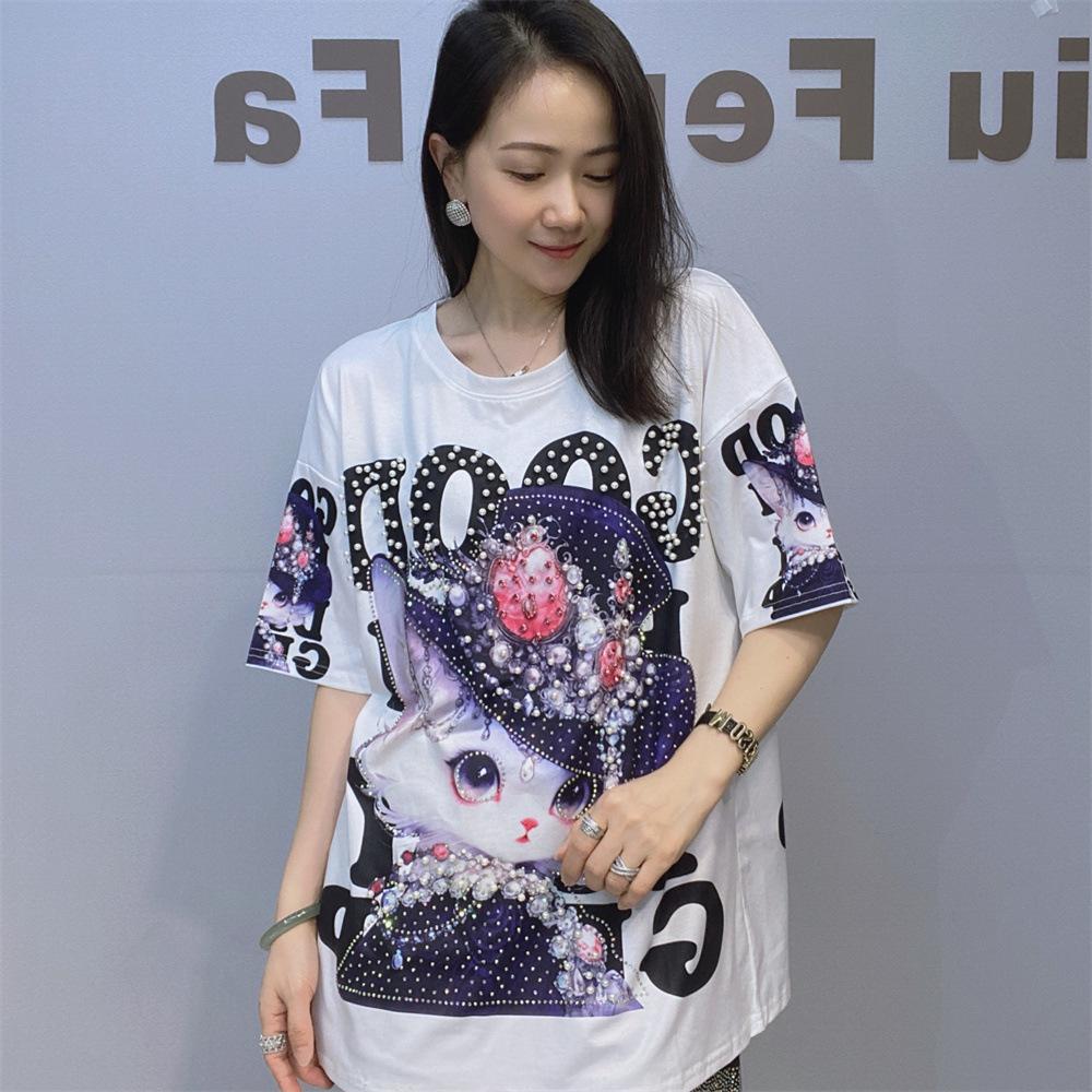 Modische bedruckte T-Shirts für Damen Sommerkleidung Lässig 3D Cartoon-Muster Heiße Strassperlen Weibliche Kurzarm-Tops T-Shirt