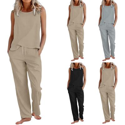 Women 2 Piece Sleeveless Tank Tops Wide Leg Pants Casual Linen Sets