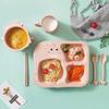 6 Pcs Baby Soft Silicone Cartoon Solid Color Sucker Bowl Plate Cup Spoon Fork Sets Non-slip Children's Dishes BPA Free  2