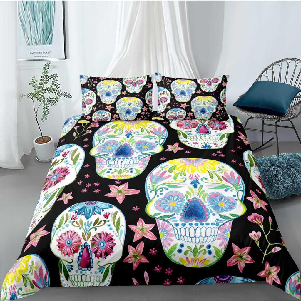 Skull Duvet Cover Set Queen Black Skeleton Paisley Floral Pattern Bedding Set For Teen Adult Polyester Halloween Comforter Cover