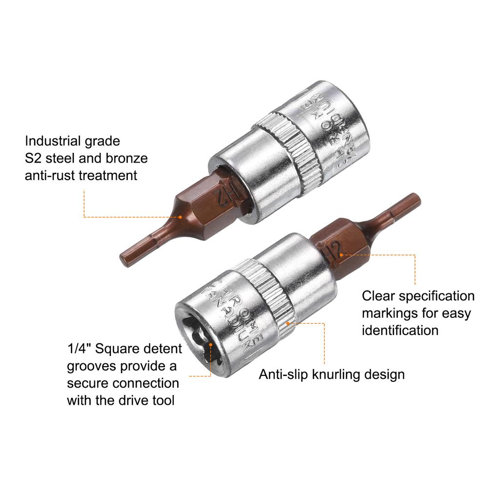 10pcs Hex Torx Slotted Phillips Bit Socket 1/4" Square Drive Metric S2 & CR-V Steel Socket Ratchet Wrench Bits Socket Wrench