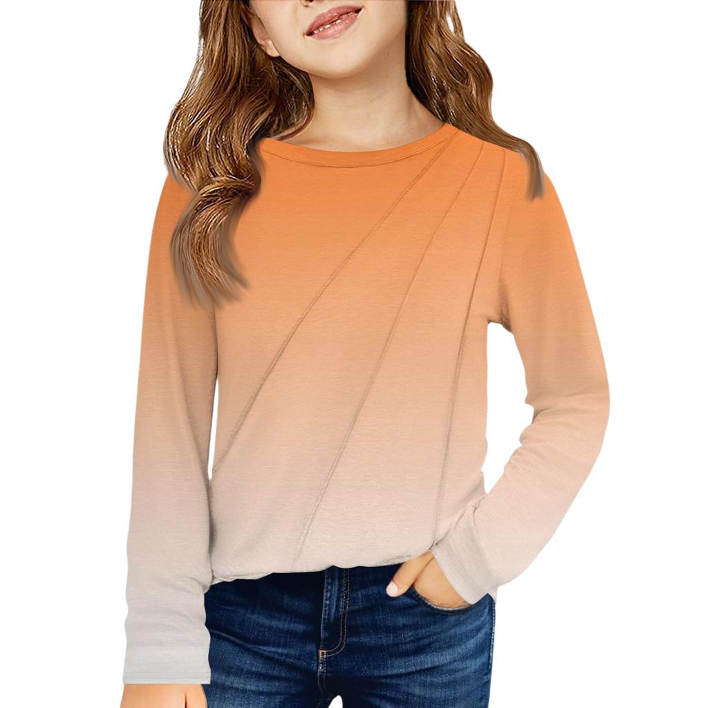 Girls' Long Sleeve Tee - Pleated Round Neck Casual Top