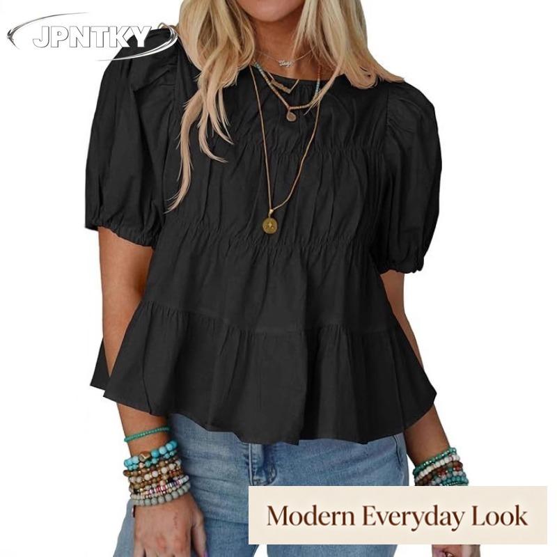 JPNTKY Women's Fashion Casual Solid Color Print Short Sleeve O-Neck Blouses & Shirts