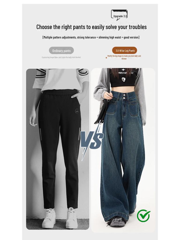 Frühling 2025 Damen Dunkelblaue High-Waist Wide-Leg Jeans: Retro-inspiriert, Bodenlang, Lockerer, aber Figurbetonter Schnitt