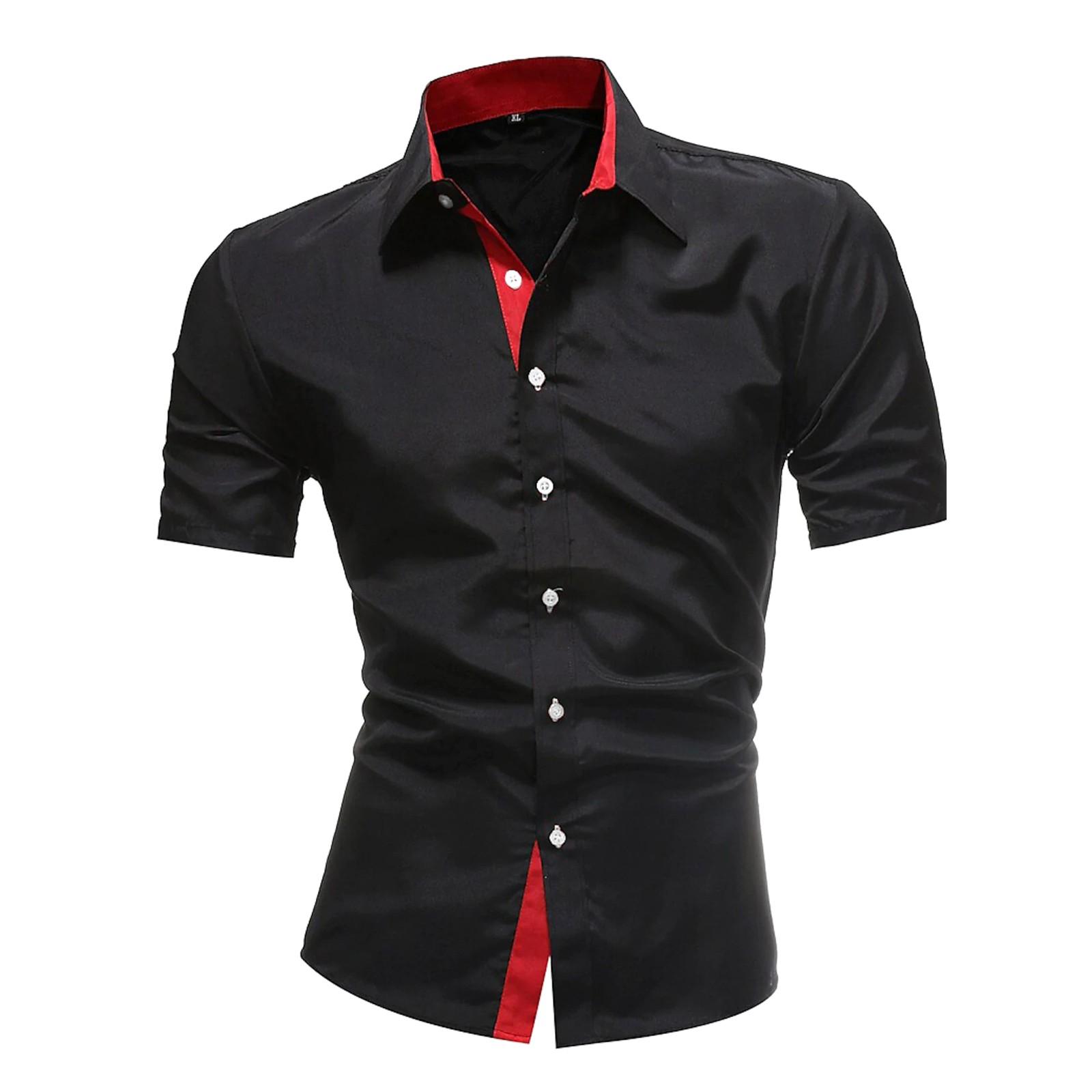

Summer Men s Lapel Button Up Short Sleeved Shirt Daily Casual Top L червоний