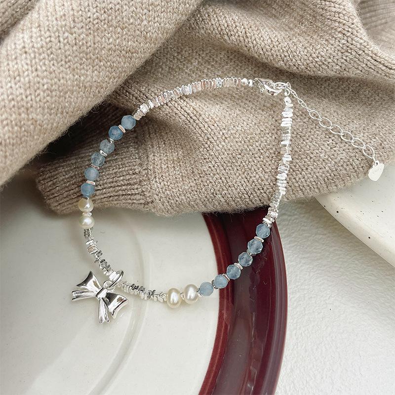 S925 Sterling Silver Freshwater Pearl Bracelet with Aquamarine Bow - Elegant Women's Jewelry