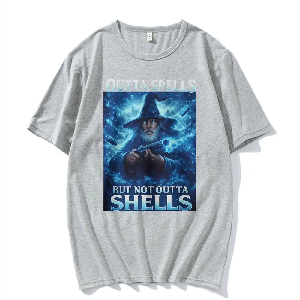 Outta Spells But Not Outta Shells Ironic Wizard Funny Fantasy Meme T Shirts Men Women Summer Tops pure Cotton Tshirt Streetwear
