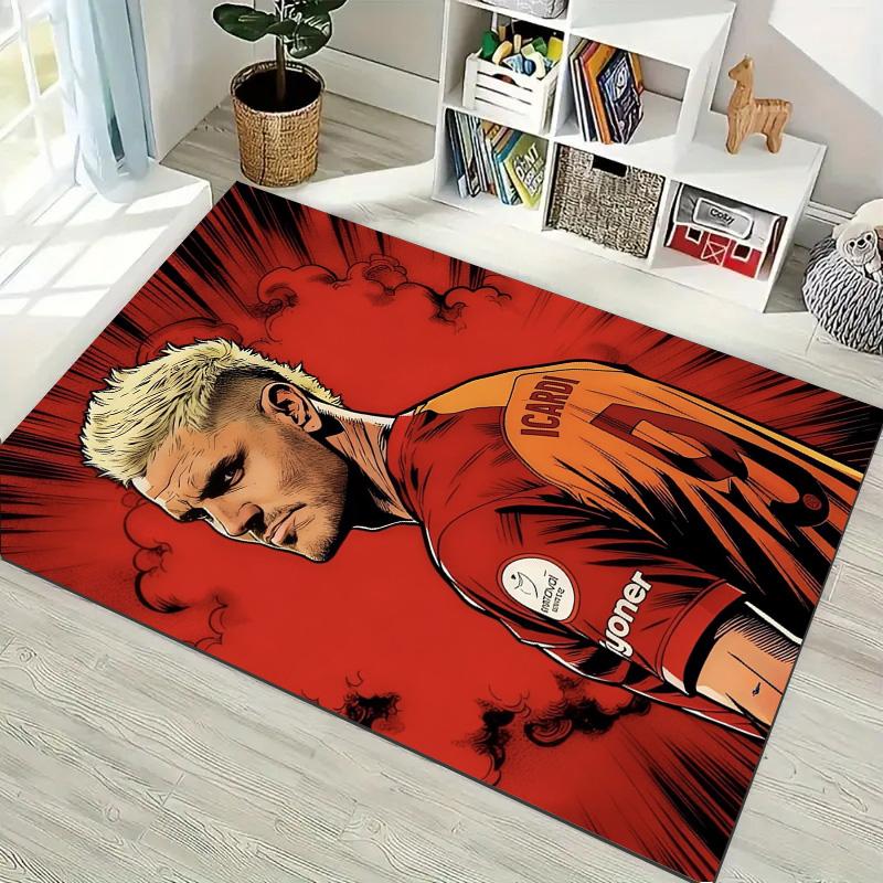 Comic Style Red Background Football Player Portrait Print Area Rug, Sports Fan Non‑Slip Floor Mat for Living Room Bedroom Home