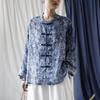 Camicie blu floreali con stampa vintage da donna Top Camicie autunnali a maniche lunghe con bottoni in ramie Camicie in stile cinese