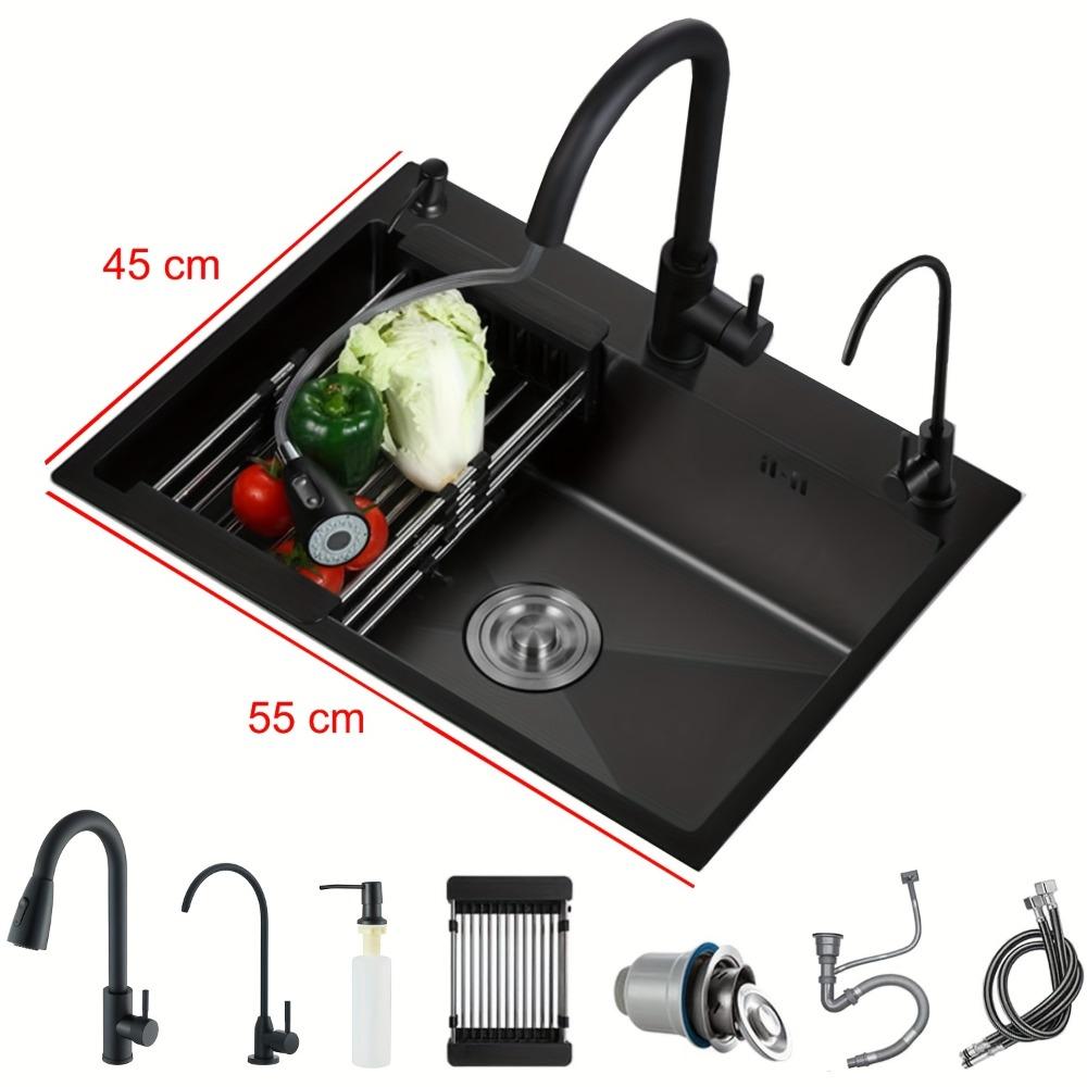 Drop In Kitchen Sink 304 Stainless Steel Workstation Sink Fast Drain Anti-Clog Topmount Single Bowl with Pull-Out Faucet