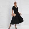 Women Summer Fall Casual Long Dress Solid V-neck Short Butterfly Sleeve Bandage Belt Sizes S-XXL