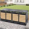 Set of 4 Wheelie Bin Boxes with Hydraulic Lid, Horizontal Wood-look Cladding, Slotted Ventilation, Iron Garden Storage Cabinet with Lock