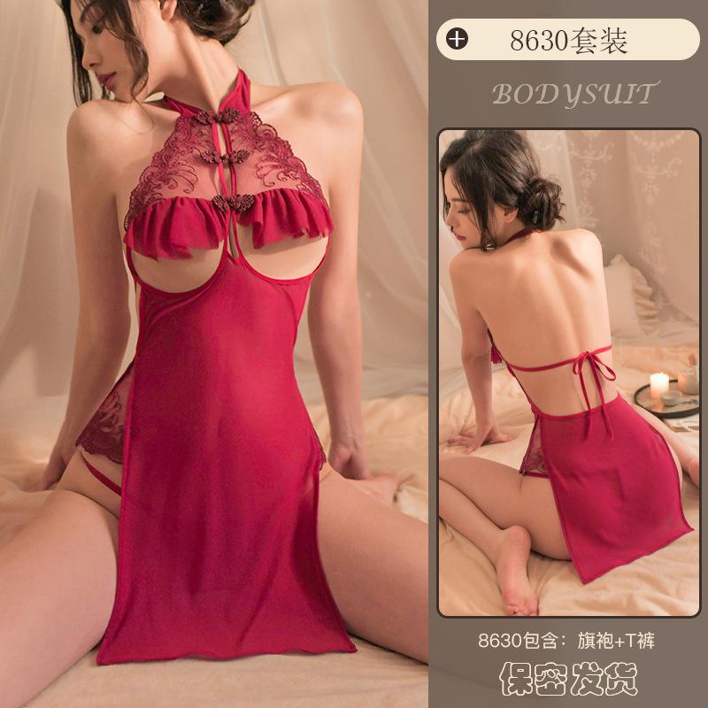 Erotic Underwear, Sexy embroidered lace, Seductive Cheongsam, Hot see-through uniform set, pajamas wholesale 8630