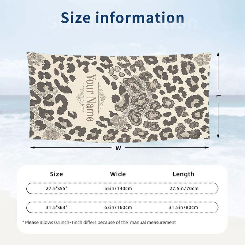 Leopard Ornate Frame Theme Quick Dry Beach Towel Custom Name Text Print Large Sand Resistant Towel Beach Vacation