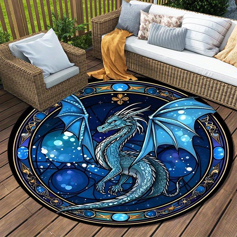 Mystical Blue Dragon Round Rug, Intricate Celestial Pattern Indoor Outdoor Carpet for Camping Porch Balcony RV Durable Mat