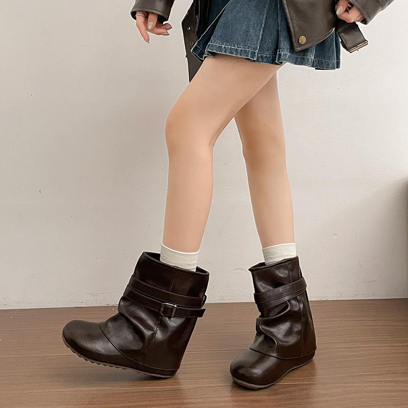 Niche strap design stacking boots handmade retro stacking boots lazy cool thin short boots big tube circumference Martin boots