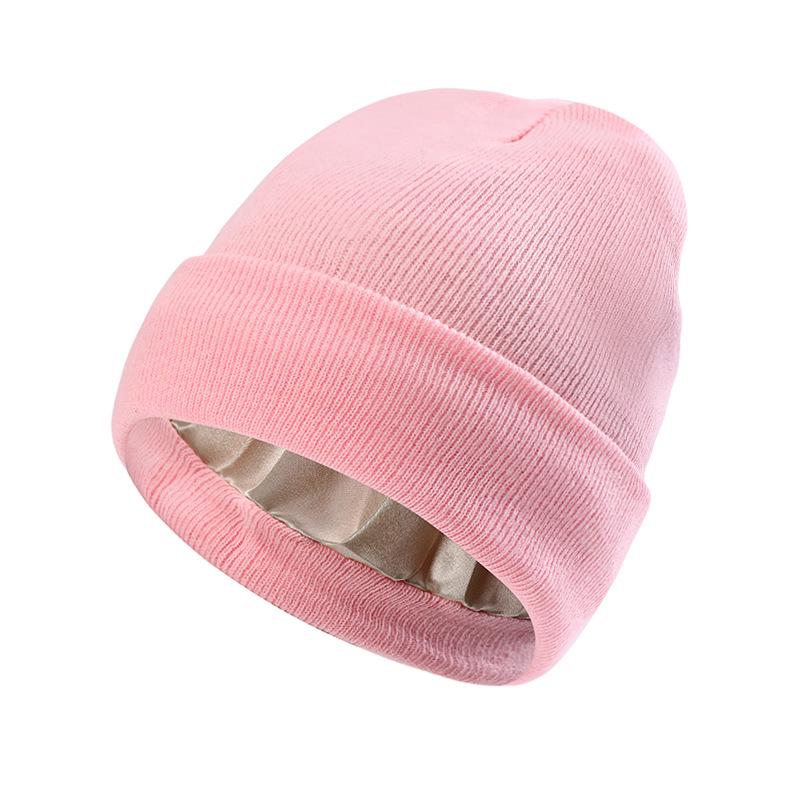 European-American Autumn/Winter Silk Satin Knitted Hat: Hairstyle Protection & Warmth