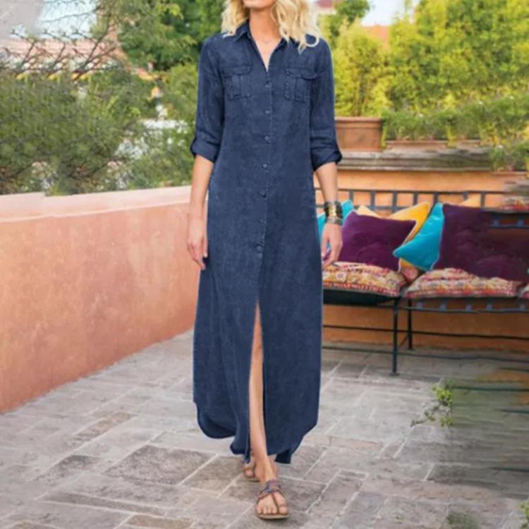 2023 Women's Loose Solid Color Casual Denim Dress - Single-breasted, Summer Style