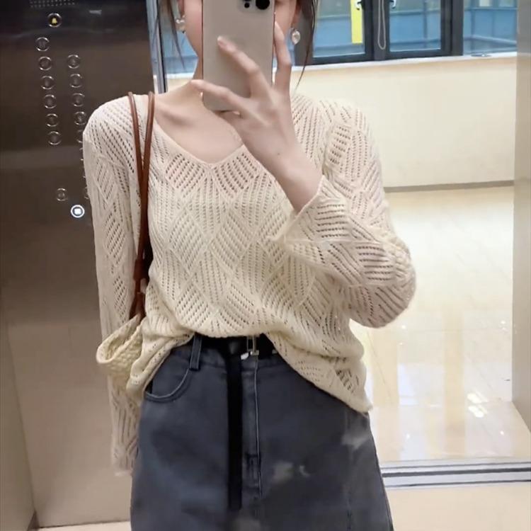 Spring and Summer Women's Hollow V-neck Knitted Shirt Long Sleeved Loose Slimming Cover Shirt for Women