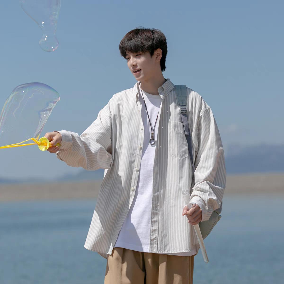 

Рубашка с вертикальными полосками и длинными рукавами для мужчин на весну и осень, повседневная рубашка для молодежи на широкую ногу 3XL легкие хаки