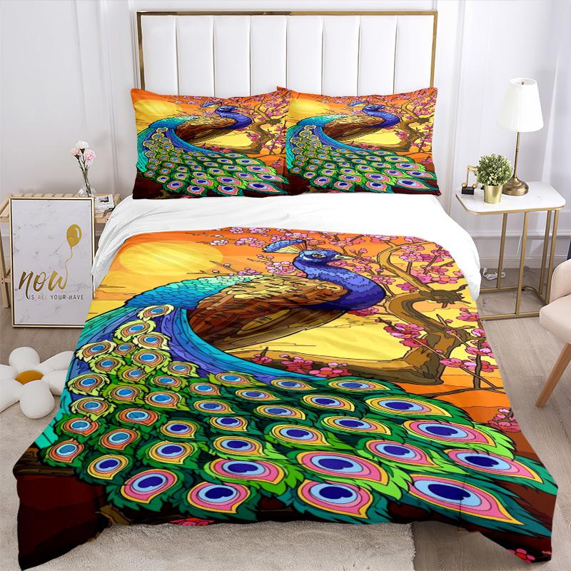 3pcs Peacock Feather Duvet Cover Set - Includes 1 Duvet Cover and 2 Pillowcases, No Quilt Core, All-Season Home Decor yy251111084