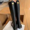 Cowhide Version of Simple Round Head Low Heel Side Zipper Fashion High Long Knight Boots Women's New Autumn and Winter Models