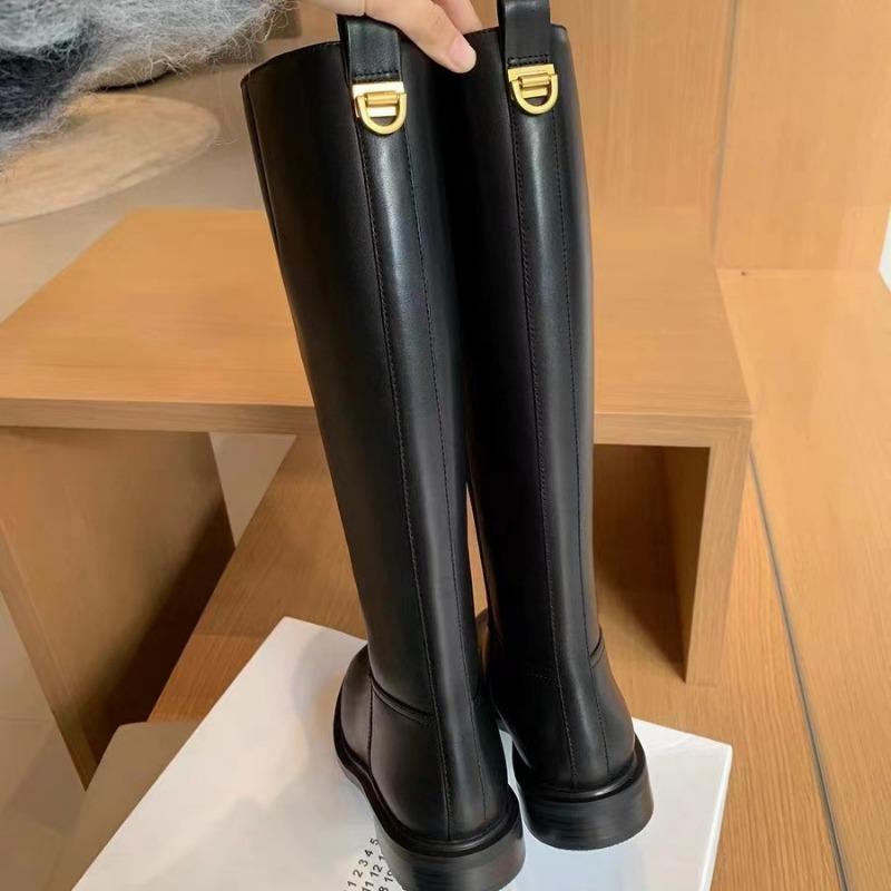 Cowhide Version of Simple Round Head Low Heel Side Zipper Fashion High Long Knight Boots Women's New Autumn and Winter Models