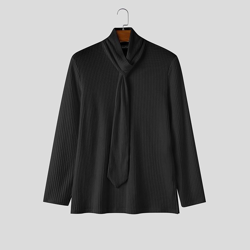 INCERUN Men Long Sleeve with Tie Detail Slim Fit Casual Knit Ribbed Tops Pullovers