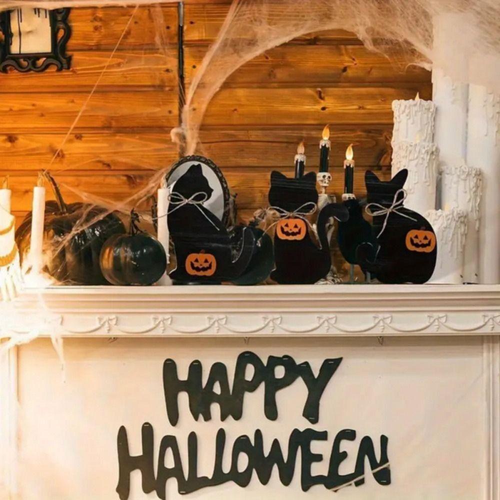 3 Stück Atmosphäre Dekoration Holz Halloween Schwarze Katze Ornament Niedliche Dekorative Katze Skulptur Lebendige Tierstatue Landschaft