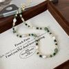 Women Green Malachite Simulated Pearl Beaded Necklace Gold Plated Chain Choker