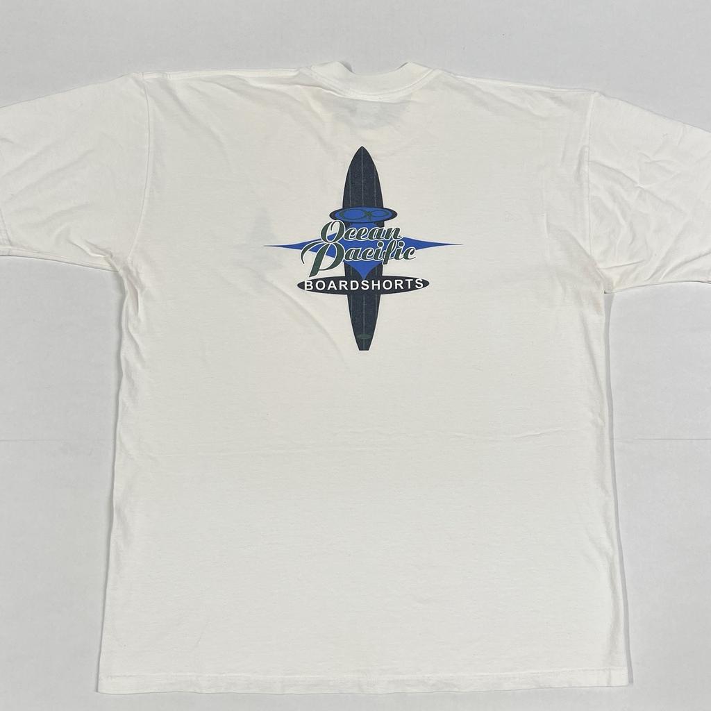 T-shirt da uomo vintage Ocean Pacific Boardshorts Taglia L Grafica Surf Logo T-shirt Bianca