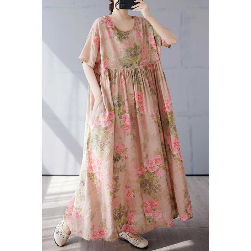 Simple and Fashionable Long Skirt Summer Short Sleeved Round Neck Printed Dress