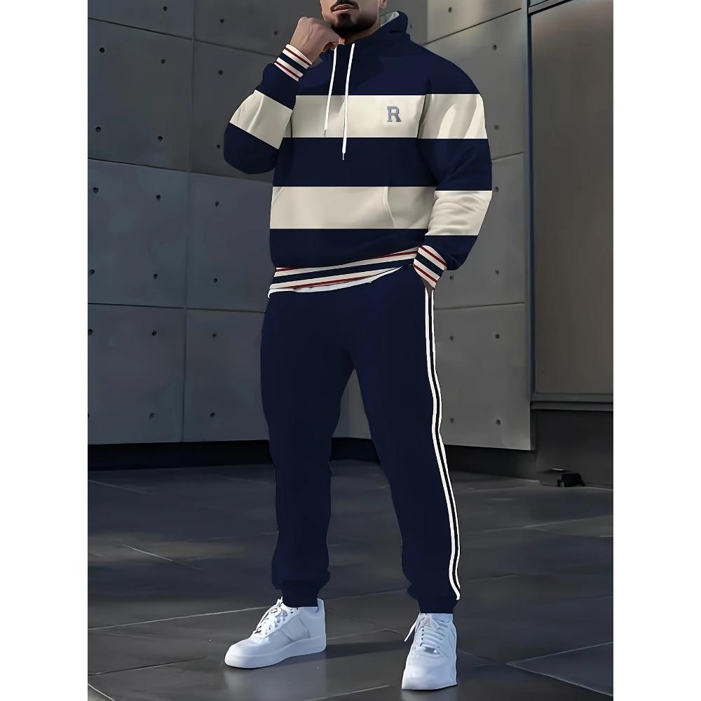 Ensemble Hoodie et Pantalon de Jogging Simple à Rayures Imprimé 3D pour Homme Sweatshirts Pantalons de Jogging Ensemble Décontracté Deux Pièces