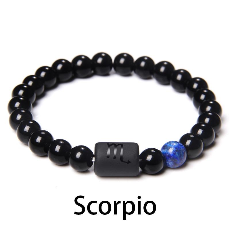

12 Созвездий Знаки Зодиака Бусины Браслет Для Пар Натуральный Черный Оникс Камень Эластичный Браслет для Женщин Мужчин Подарок На День Рождения