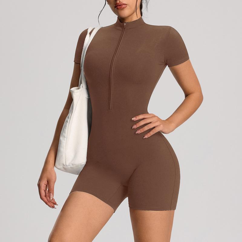 European Style Zipper Short-Sleeve Yoga Jumpsuit - Women's Tight-Fitting Running & Fitness One-Piece