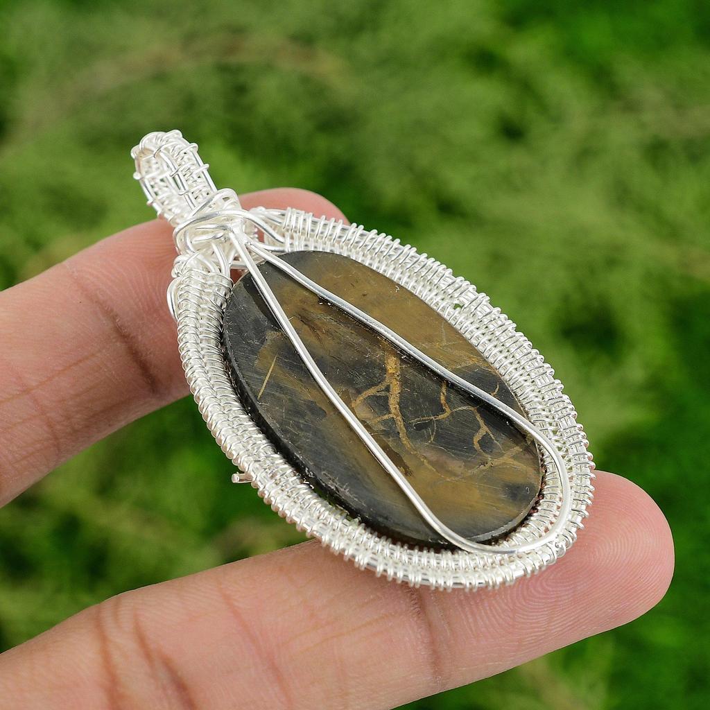 Moroccan Mud Crack Fossil Gemstone 925 Silver Trendy Wire Wrap Pendant Jewelry